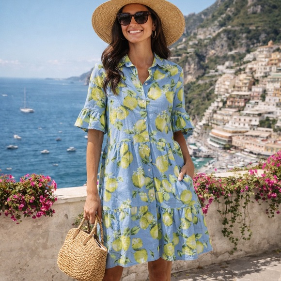 Francesca Bettini Blue Lemon Linen Button Front Mini Dress With Pockets– Size M - Picture 2 of 10